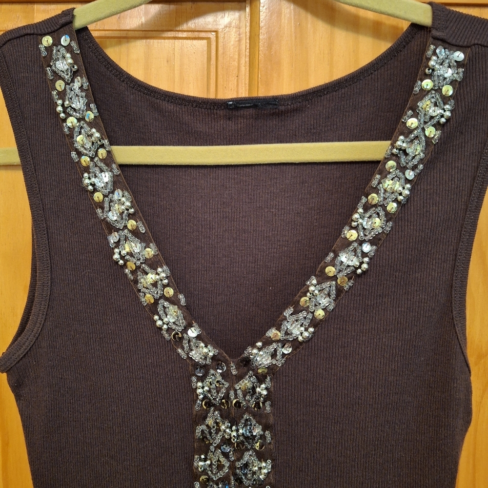 Embellished Deep Chocolate Sleeveless Top - Picture 2 of 6